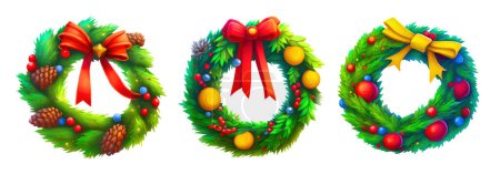 Foto de Tres guirnaldas navideñas de ramas de abeto decoradas con arcos coloridos y adornos aislados sobre fondo blanco, colección de ilustraciones digitales - Imagen libre de derechos