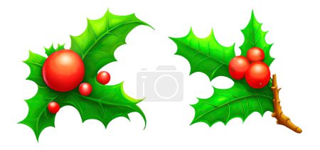 Téléchargez les photos : Deux branches de houx aux baies et feuilles Décoration de Noël, illustrations numériques isolées sur fond blanc - en image libre de droit