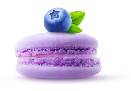 Foto de Purple macaroon with creme and blueberry on top, side view isolated on white background - Imagen libre de derechos