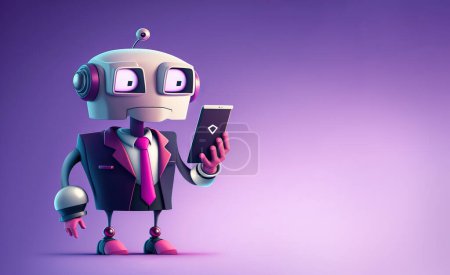 Foto de Cartoon robot CEO in business suit stands looking in his mobile phone over blue background. Generative AI illustration with copy space - Imagen libre de derechos