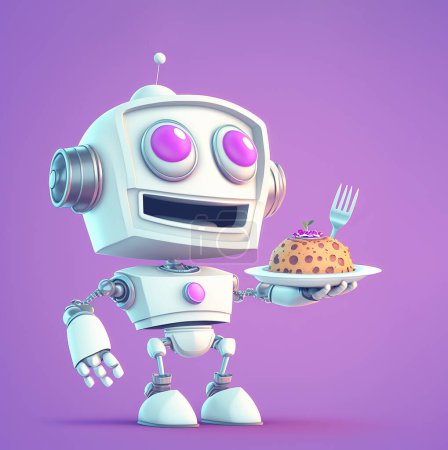 Foto de Cute android waiter serving dessert over purple background, robot cafe concept. Generative AI illustration - Imagen libre de derechos