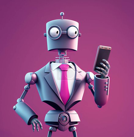 Foto de Robot businessman stands holding a mobile phone over purple background, cartoon portrait. Generative AI illustration - Imagen libre de derechos