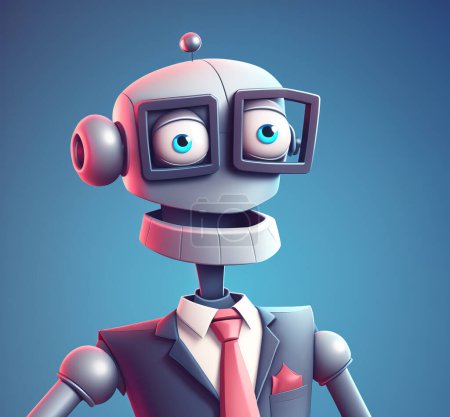 Foto de Robot businessman avatar, closeup portrait of android in buseness suit and glasses over blue background. Generative AI illustration - Imagen libre de derechos