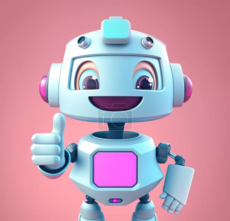 Foto de Funny robot with thumbs up gesture over pink background. Generative AI illustration - Imagen libre de derechos
