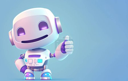 Foto de Cute little robot making thumbs up gesture over blue background. Generative AI illustration - Imagen libre de derechos