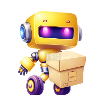 Foto de Yellow delivery bot on wheels holding a cardboard box isolated on white background. 3D illustration - Imagen libre de derechos