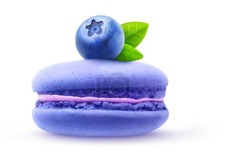 Foto de One blueberry macaroon with pink creme and fruit on top isolated on white background - Imagen libre de derechos