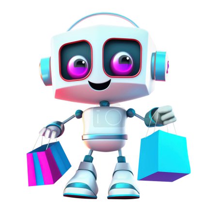 Foto de Cute smiling robot holding shopping bags isolated on white background, 3D illustration - Imagen libre de derechos