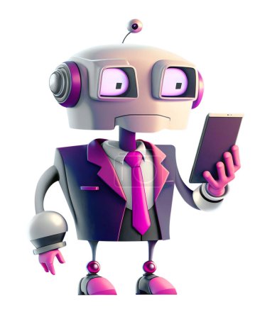 Foto de Cartoon robot CEO in business suit stands looking in his mobile phone isolated on white background. 3D illustration - Imagen libre de derechos