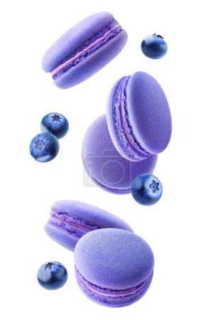 Foto de Blue macarons and blueberries falling, vertical isolated on white background - Imagen libre de derechos