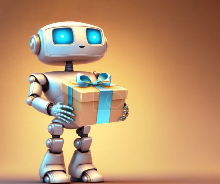 Foto de Robot character holds a cardboard, box with blue bow over golden background. 3D illustration with copy space - Imagen libre de derechos