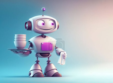 Foto de Smiling android waiter holding a tray with dirty plates and a towel over blue background with copy space. 3D illustration - Imagen libre de derechos