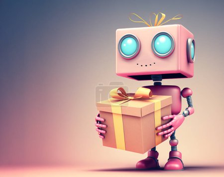 Foto de Cute retro robot with a cardboard gift box. 3D illustration with copy space - Imagen libre de derechos