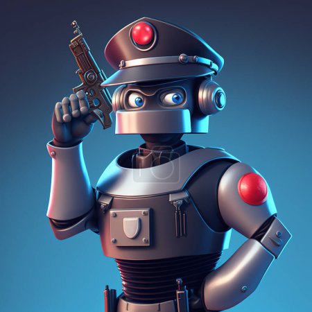 Foto de Robot police officer with a gun, cartoon character half body portrait over blue background. 3D illustration - Imagen libre de derechos