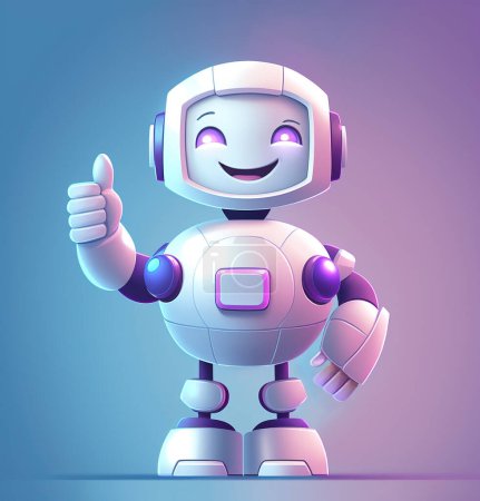 Foto de Happy robot showing thumbs up with its hand over blue background, full body. 3D illustration - Imagen libre de derechos