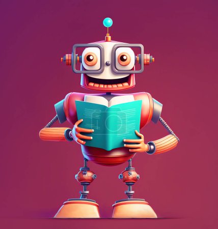 Foto de Machine learning concept, funny robot wearing glasses holding a book standing over dark red background. 3D illustration - Imagen libre de derechos