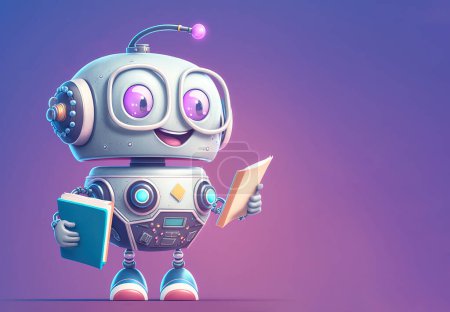 Foto de Machine learning concept, robot holding books over blue background with copy space. 3D illustration - Imagen libre de derechos