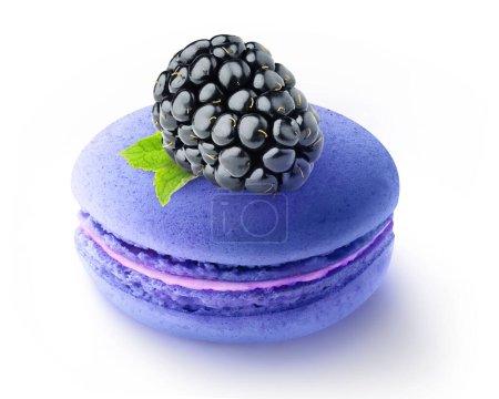 Foto de One blackberry fruit on top of blue macaroon isolated on white background - Imagen libre de derechos