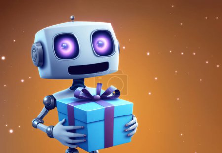 Foto de Cute robot holding a blue gift box over golden background with copy space. 3D illustration - Imagen libre de derechos