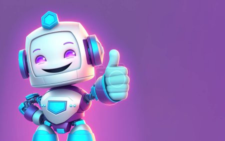 Foto de Happy robot standing with thumbs up sign smiling. 3D illustration with copy space - Imagen libre de derechos