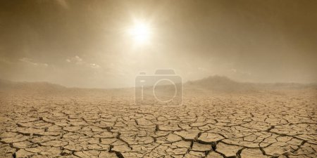 Foto de Panorama de terreno árido, sol brillando sobre tierra seca agrietada y nubes de polvo, concepto de cambio climático - Imagen libre de derechos