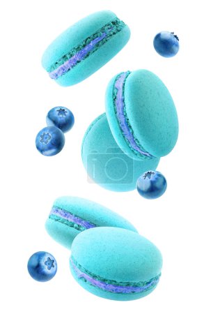 Foto de Macarrones de color azul claro y levitación de frutos de arándano aislados sobre fondo blanco - Imagen libre de derechos