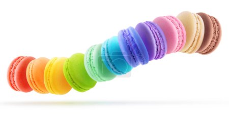 Téléchargez les photos : Macarons de différentes saveurs en longue file sur fond blanc, panorama lévitation - en image libre de droit