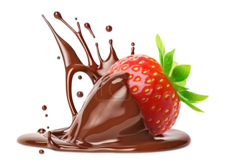 Strawberry in chocolate splash, isolated on white background