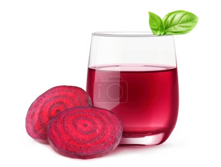 Photo for Glass of beetroot juice and two slices of fresh beet, isolated on white - Royalty Free Image