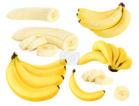Sammlung von Bananenfrüchten ganz, geschält und isoliert auf weißem Hintergrund geschnitten
