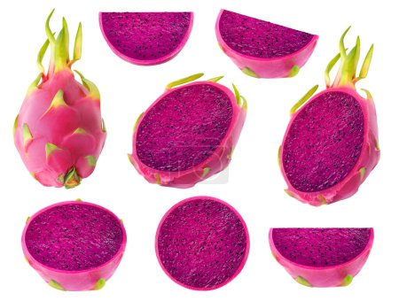 Foto de Colección de frutas de dragón carnoso púrpura cortadas aisladas sobre fondo blanco - Imagen libre de derechos
