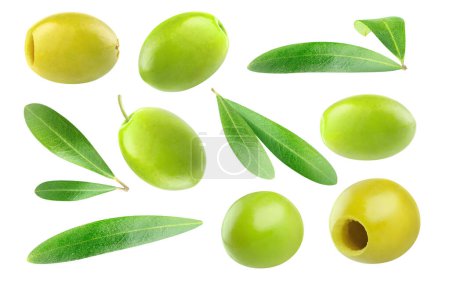 Foto de Colección de aceitunas verdes frescas y marinadas y hojas de olivo aisladas sobre fondo blanco - Imagen libre de derechos