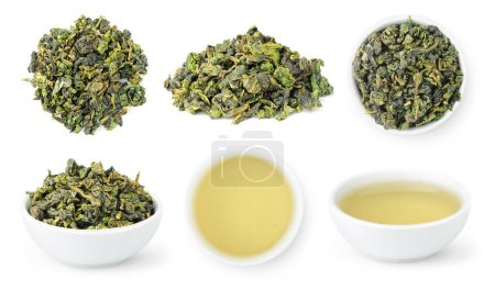Photo for Tie Guan Yin, Iron Goddess of Mercy Oolong, collection of loose leaves and bowls of brewed Chinese tea isolated on white background - Royalty Free Image
