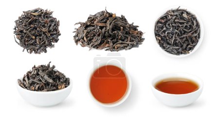Photo for Wu Yi Rou Gui, Cinnamon Oolong, collection of loose leaves and bowls of brewed Chinese tea isolated on white background - Royalty Free Image