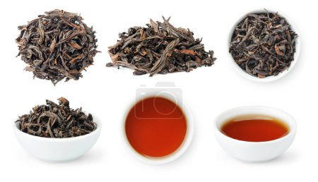 Photo for Da Hong Pao, Big Red Robe Oolong, collection of loose leaves and bowls of brewed Chinese tea isolated on white background - Royalty Free Image