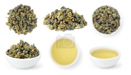 Photo for Taiwan Jin Xuan Oolong, collection of loose leaves and bowls of brewed oolong tea isolated on white background - Royalty Free Image