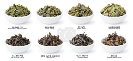 Téléchargez les photos : Collection of Chinese oolong tea, loose dries leaves in bowls isolated on white - en image libre de droit
