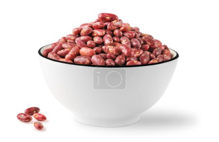 Photo for Bowl of raw speckled red kidney beans isolated on white background - Royalty Free Image