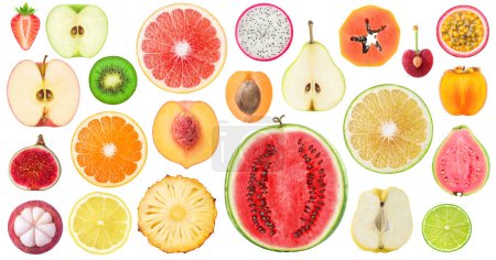 Foto de Colección de diferentes secciones transversales de frutas aisladas sobre fondo blanco - Imagen libre de derechos