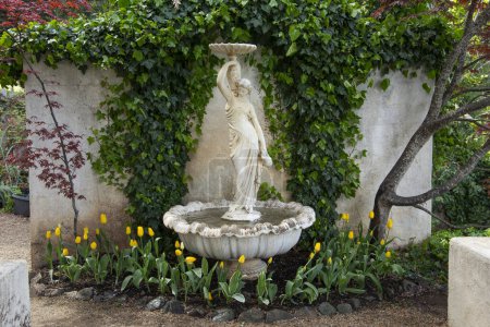 Foto de Jardinería con pared, escultura, fuente y tulipanes. - Imagen libre de derechos