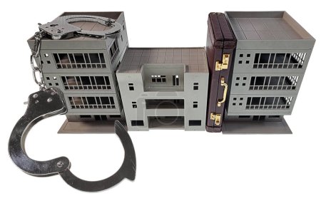 Photo for Shackled to Business shown by buildings, briefcase and handcuffs - Royalty Free Image