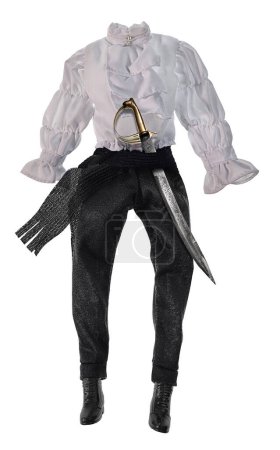 Photo for A pirate outfit with ruffled shirt, cummerbund, and boots with dagger - Royalty Free Image