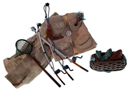 Téléchargez les photos : Tenue de pêche comprenant canne à pêche et leurres - en image libre de droit