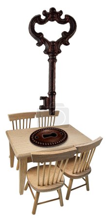 Photo for Wooden dinner table and chairs with a key and lock to unlock family time - Royalty Free Image