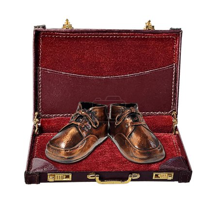 Bronzed baby shoes in a briefcase to show work and family
