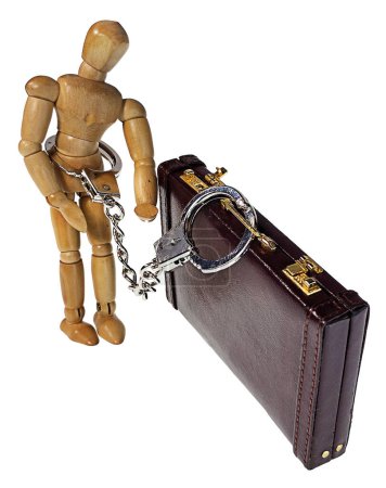 Person attached to a leather briefcase with handcuffs 
