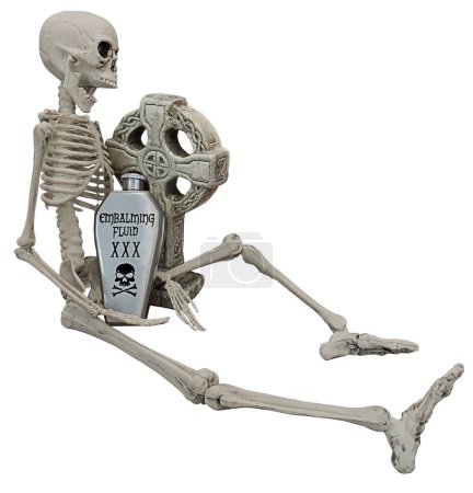 Skeleton and flash of liquor in front of a Gravestone