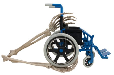 Skeletal Hands Holding a Blue Wheelchair