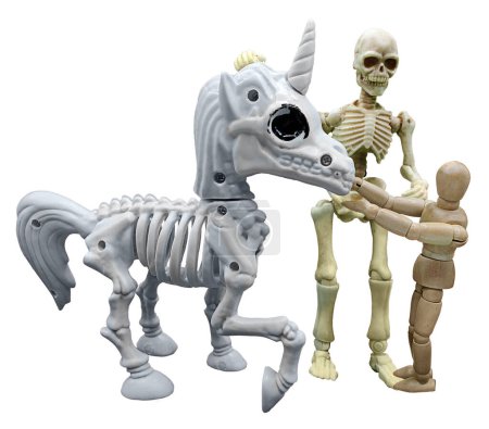 A skeleton introducing a child to a unicorn skeleton