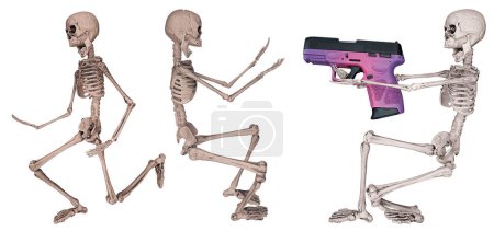 Skeleton threatening others with a purple gun